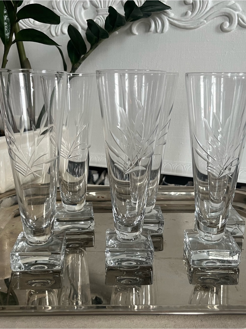 Unique Vintage Clear Etched Square-Base Flute Glasses